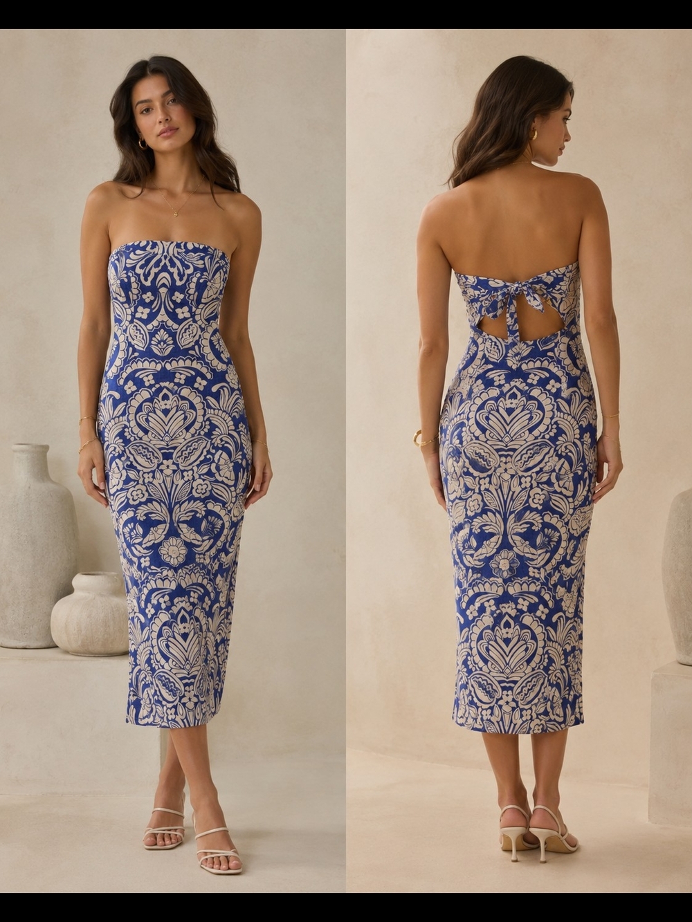 Lavender Brown Blue and Cream Strapless Printed Midi Dress - Picture 1 of 4